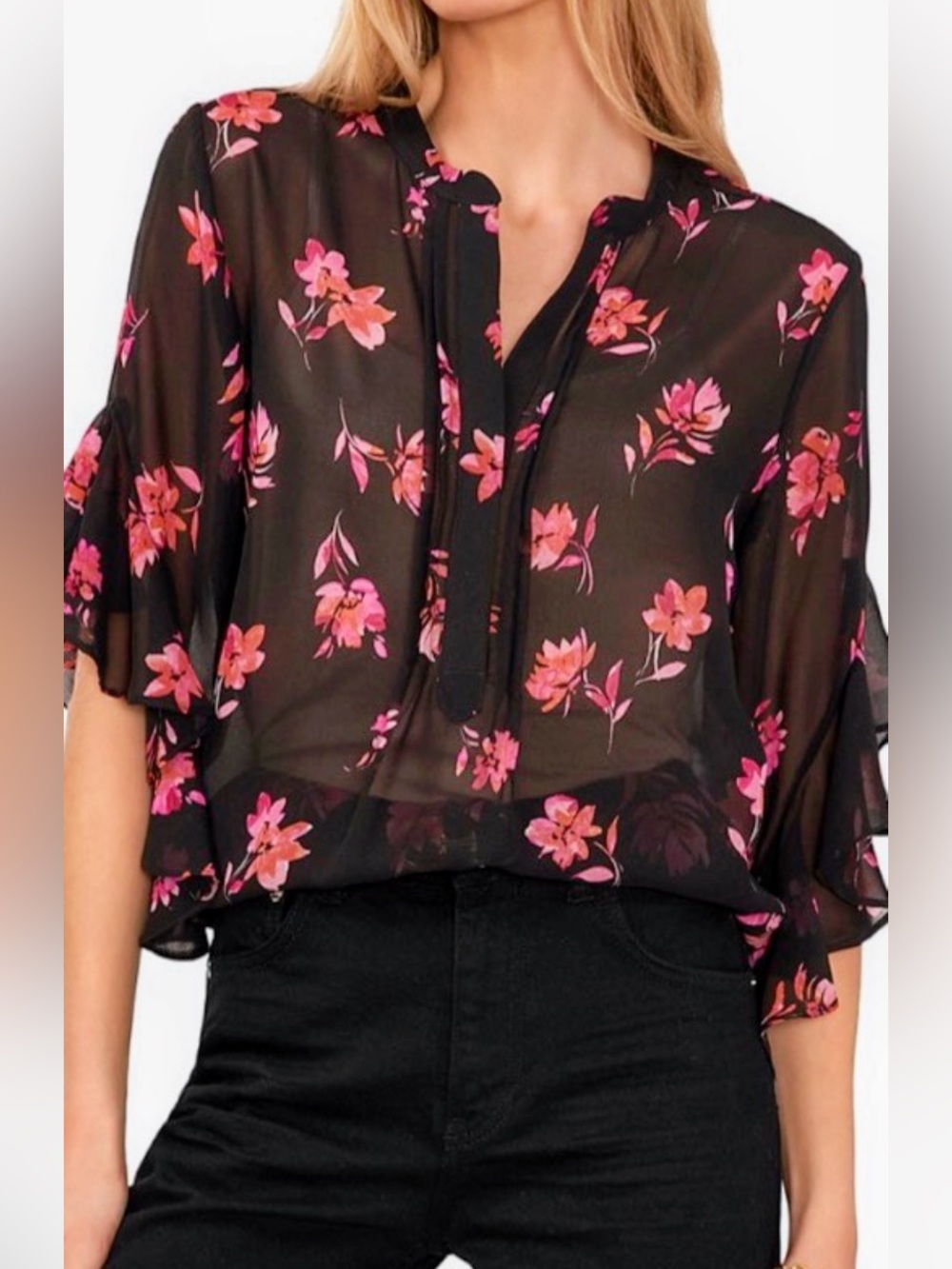 Vince Camuto Floral Print Ruffled Sleeve Blouse